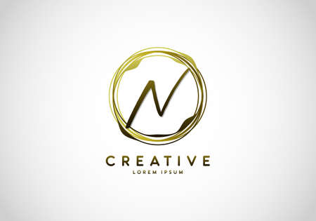 Initial Letter N Handwriting Stylish Signature, Circle Abstract Gold, Template Logo Vector.のイラスト素材