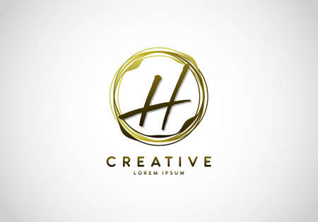 Initial Letter H Handwriting Stylish Signature, Circle Abstract Gold, Template Logo Vector.のイラスト素材