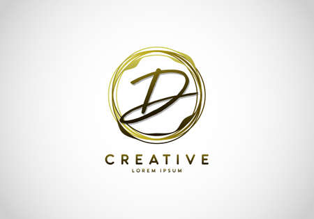 Initial Letter D Handwriting Stylish Signature, Circle Abstract Gold, Template Logo Vector.のイラスト素材