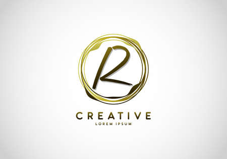 Initial Letter R Handwriting Stylish Signature, Circle Abstract Gold, Template Logo Vector.のイラスト素材