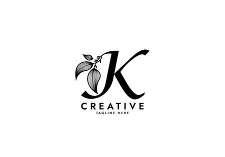 Letter K Linked Leaf Logo, Black color, unique designのイラスト素材