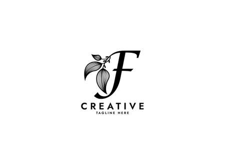 Letter F Linked Leaf Logo, Black color, unique designのイラスト素材