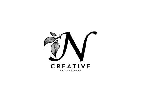 Letter N Linked Leaf Logo, Black color, unique designのイラスト素材