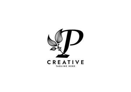 Letter P Linked Leaf Logo, Black color, unique designのイラスト素材