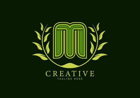 Letter M Unique Logo with leaf ornament as a frame looks more natural, modern design, suitable for templates or brands.のイラスト素材