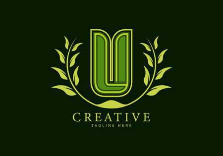 Letter U Unique Logo with leaf ornament as a frame looks more natural, modern design, suitable for templates or brands.のイラスト素材