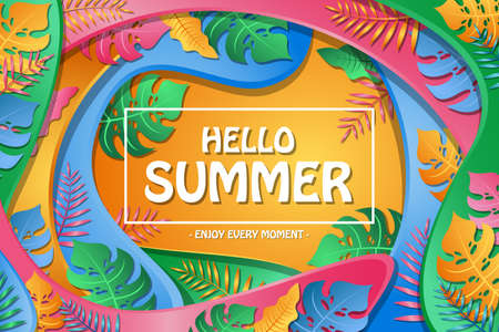 Summer banner vector illustration, Welcoming summer with colorful plant backgroundのイラスト素材