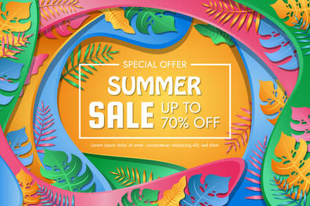 Summer sale banner template with tropical leaves and colorful abstract background, Vector illustrationのイラスト素材