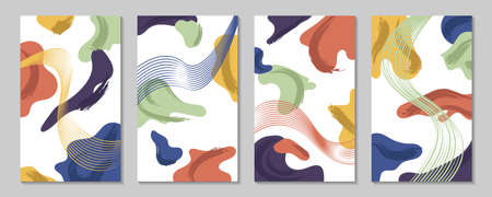Vector minimalistic abstract art background with watercolor smudges and doodle shapes. Design for wall hangings, postcards, posters or brochuresのイラスト素材