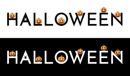 Horizontal Halloween banner on black and white background, with several pumpkins in each letter. Perfect for clothes.のイラスト素材