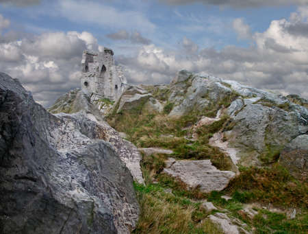 Mow Cop castle stands on top of a hill at the edge of the Cheshire plain in England.の写真素材
