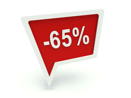 Bubble speech advertising sign 65% discount in red. 3d render illustration.