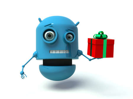 Cute blue robot holding a gift. 3d render. Isolated on white background.の写真素材