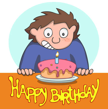 Happy birthday. Happy boy with birthday cake and candle. Cartoon.のイラスト素材