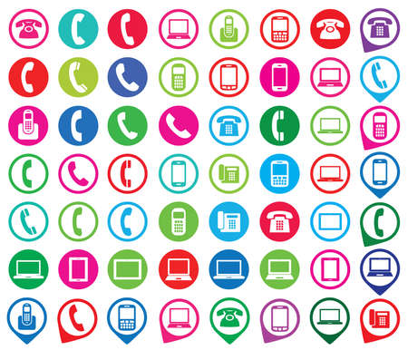 Set of colorful gadget icons. Telephone, mobile phone, tablet, laptop. Vector illustration.のイラスト素材