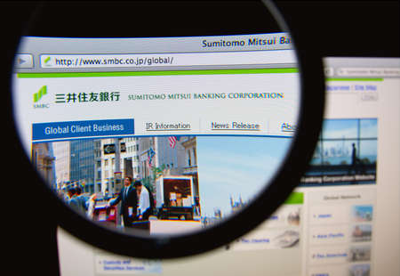 LISBON, PORTUGAL - FEBRUARY 21, 2014: Photo of Sumitomo Mitsui Banking Corporation homepage on a...