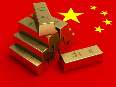 Gold bars on top of a china flag.