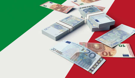 Stack of money on the Italian Flag. 3D illustrationの写真素材