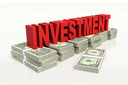 Word Investment in red, on top of stacked American one dollar bills., In a white background. 3d...