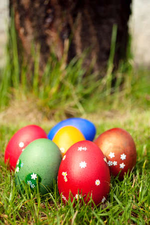 Colorful easter eggs on green grass