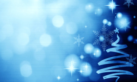 Blue  Festive Christmas background with Christmas tree. Elegant abstract background with bokeh defocused lights and starsの写真素材