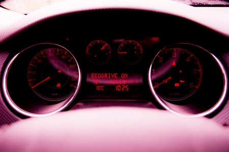 Modern Luxury car inside. Interior of prestige modern car. Black and pink perforated leather...