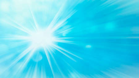 Blue sky sun flare background. Clear summer nature, sunlight weather. Sunshine glare rays, lens. Light sunny spring season. White glow sunrise, sky heaven. Bright sparkle burst illustrationの写真素材