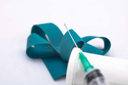 Medical syringe with sharp pointed needle and pressure rubberの写真素材