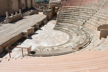 Archaeological remains of ancient Roman theater in Medellin, Spain, with amphitheater columns and standsの写真素材