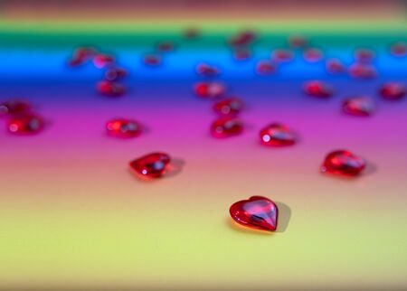 Glass hearts on a white background, minimalistic concept, hard light, trend background for Valentine's day.の写真素材