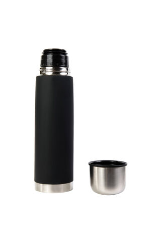 Black container with open lid isolated on white backgroundの写真素材