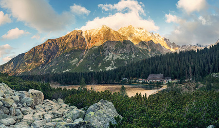 Panoramic view of Mountain lake in National Park High Tatras. Popradske lake (pleso), Slovakia, Eastern Europeの写真素材