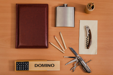Various office personal things on a wooden backgroundの写真素材
