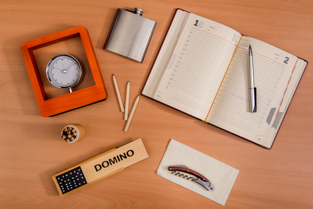 Various office personal things on a wooden backgroundの写真素材