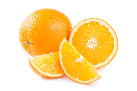 Ripe orange fruit and his segments isolated on white backgroundの写真素材