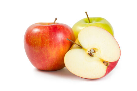 Red and green apple with slice isolated on white backgroundの写真素材