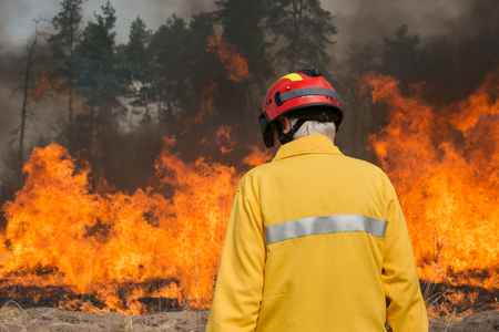 BOYARKA, UKRAINE - 27 MART 2015: Firefighter or firemen on agriculture land fire. It was demonstration training of forest fire fighters and students on suppression of surface fire of medium intensity on Boyarka forest research station in Ukraine.のeditorial素材