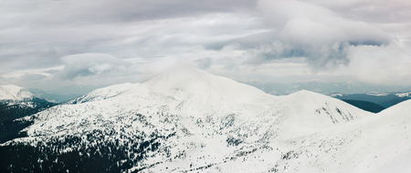 Panoramic view of Carpathian winter mountain range with Goverla summitの写真素材