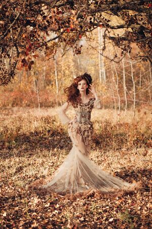 Beautiful elegant woman standing in the autumn forest in chiffon dress with yellow autumn leavesの写真素材