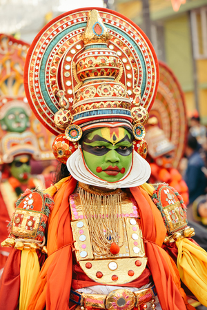 Kochi, India - January 1, 2016: Portrait of kathakali dancer on New Year carnival in Fort Kochi Cochin, Kerala, India.のeditorial素材