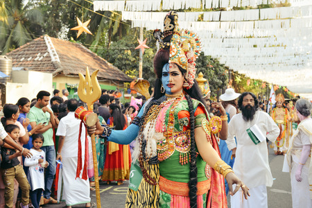 Kochi, India - January 1, 2016: Traditional dance during New Year carnival in Fort Kochi Cochin, Kerala, India.のeditorial素材