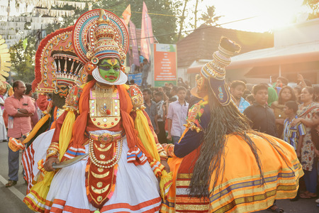 Kochi, India - January 1, 2016: Traditional Kathakali dance on New Year carnival celebration in Fort Kochi Cochin, Kerala, India.のeditorial素材