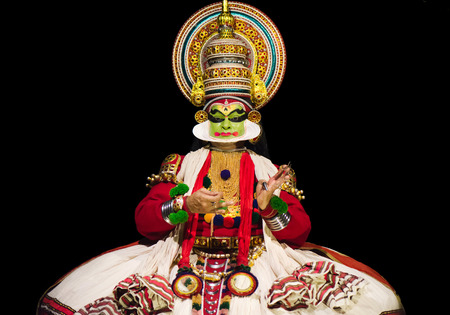 Cochin, India - January 23, 2016: Kathakali performance in Cochin Cultural Centre. Indian Kathakali dancer, Kerala, Fort Kochi. Kathakali is one of the oldest classical dance forms of Kerala and known as "Ramanattam".のeditorial素材