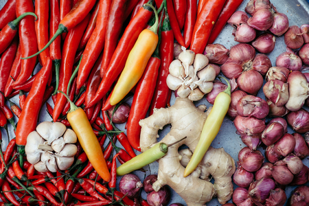 Top view of hot spice pile on the plateの写真素材