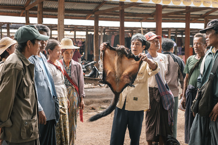 Loikaw, Myanmar - May 25, 2016: Traditional scene on Deenawso market in Myanmar. Group of people bargaining and selling hunted wild animalsのeditorial素材