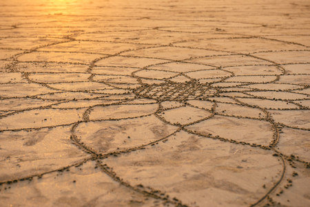 Big mandala drawn on the sand beach at warm light of sunset. Arambol. Goa. Indiaの写真素材