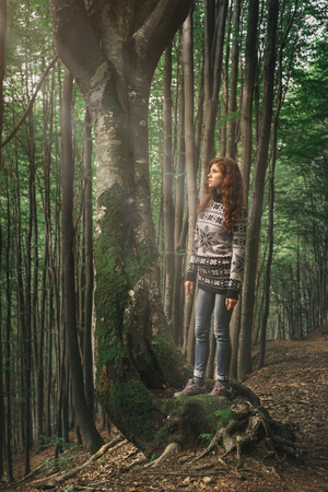 Young woman walking in magic forest with sunlight rays through tree leaves and enjoying the nature の写真素材