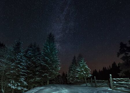Milky Way and full sky with stars over the mountain forest. Low light scene of winter landscape at nightの写真素材