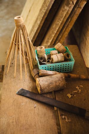 Local handmade workshop for paper umbrella production and decoration in Myanmar, Kalawの写真素材