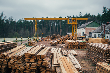 Truck crane for timber transportation moving and sorting wood materials on the sawmillの写真素材